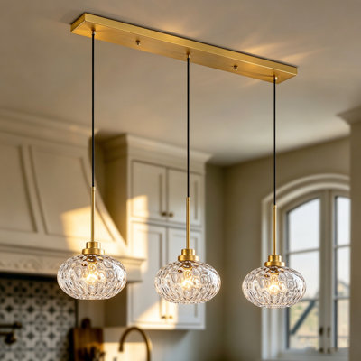 Luminaire suspendu pour îlot de cuisine 3 lumières avec abat-jour en verre martelé