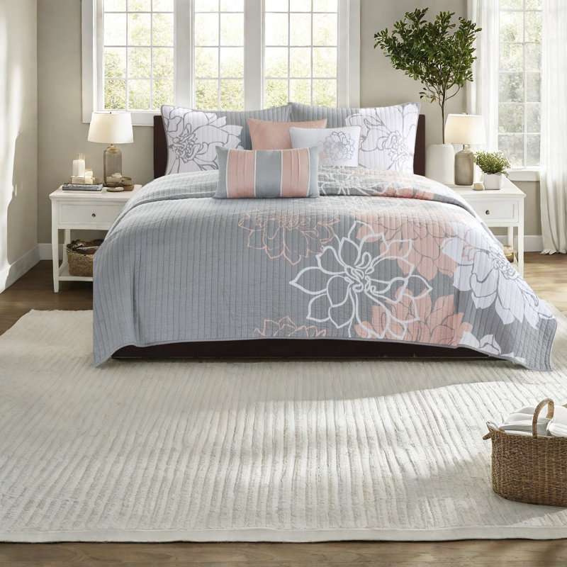 Ensemble de literie réversible en coton avec coussins décoratifs gris pêche