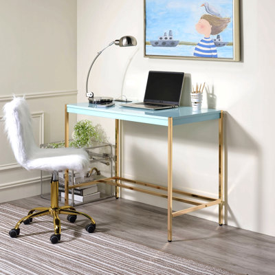 Bureau d'écriture bleu bébé et doré avec ports USB