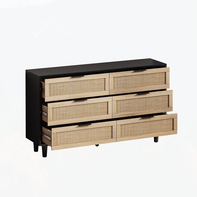 Commode 6 tiroirs multi-usages, armoire de rangement moderne avec pieds en bois, H 29,53 po x l 43,31 po x P 15,75 po, Yes
