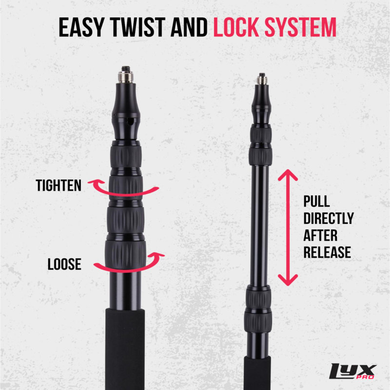 Le poteau de micro LyxPro Boom, à 5 sections pour fusil de chasse extensible, s'étend de 2,4 à 9,25 pi