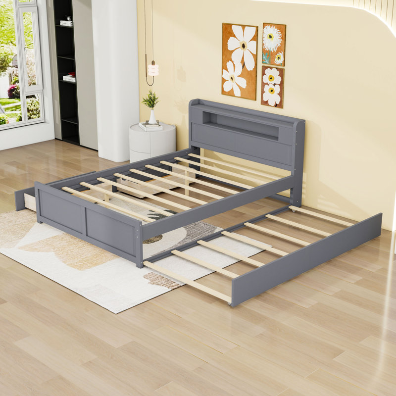 Queen 2 Drawers Wood Platform Bed with LED and Trundle, Gray