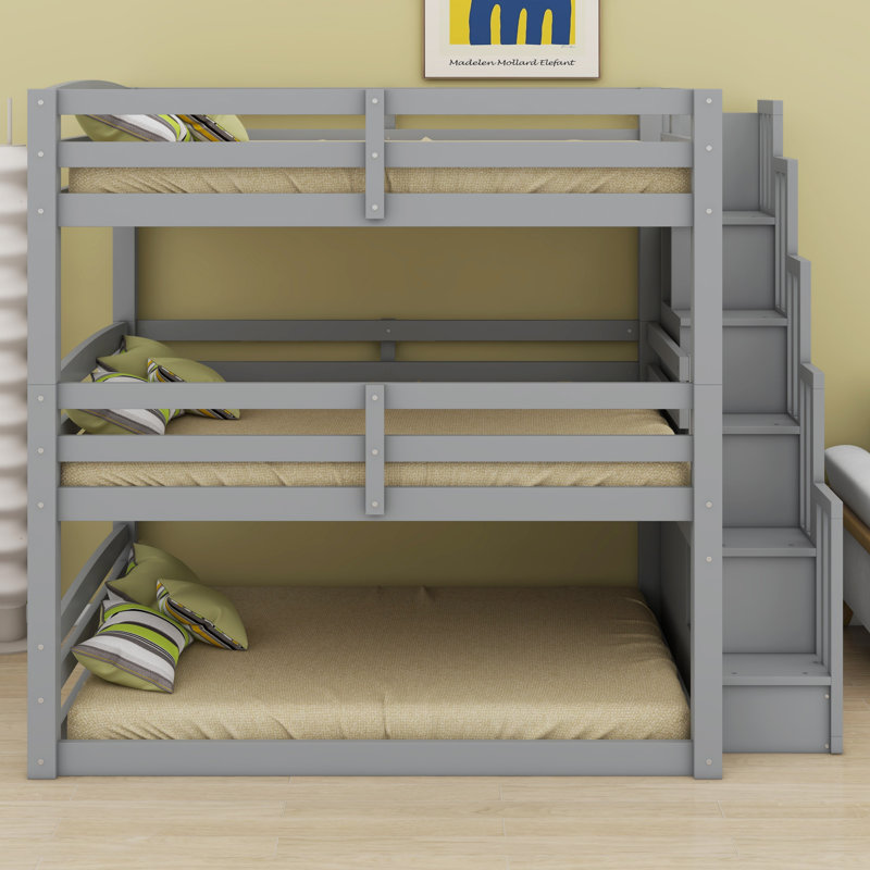 Triple Bunk Bed With Storage Staircase,Separate Design, Gray