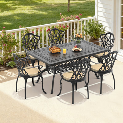 7-Piece 59.06"L Rectangular Patio Dining Set with 6 Armchairs, Beige Cushions