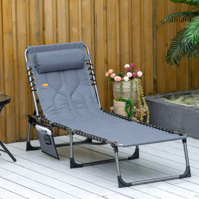Chaise longue rembourrée pliante rembourrée, fauteuil de bronzage inclinable de camping pour l'extérieur à 6 niveaux avec appui-tête