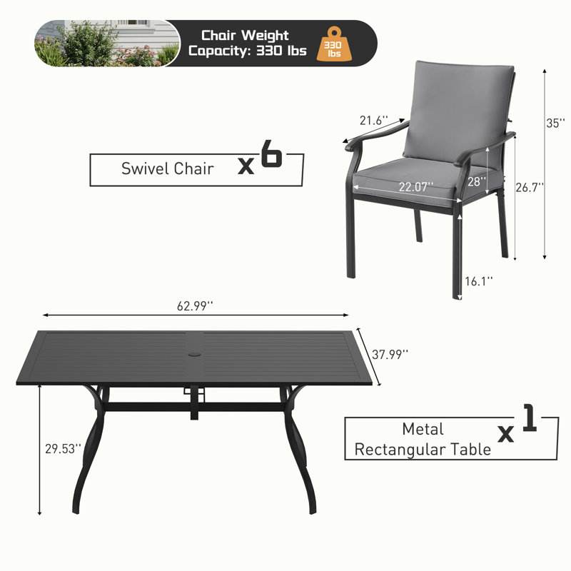 Ensemble repas d'extérieur Hoopeston - Mobilier pour patio, balcon, cour, jardin, pelouse (1 table rectangulaire + 6 chaises de salle à manger avec coussin gris)