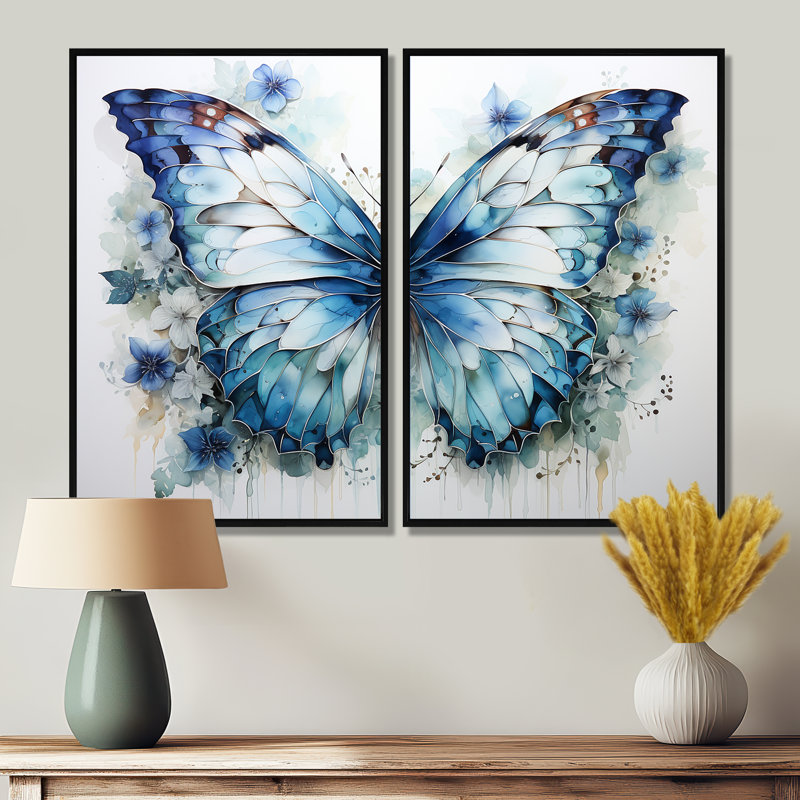 «Butterfly Watercolor Wings I», art mural bleu, Noir, H 36 po x l 48 po, Reproduction encadrée sans passe-partout