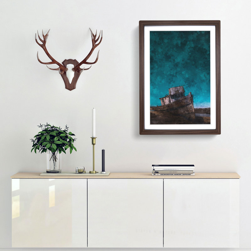 Stranded Boat Upon The Beach Painting - Picture Frame Graphic Art, Walnut Framed, 33cm H x 24cm W x 2cm D