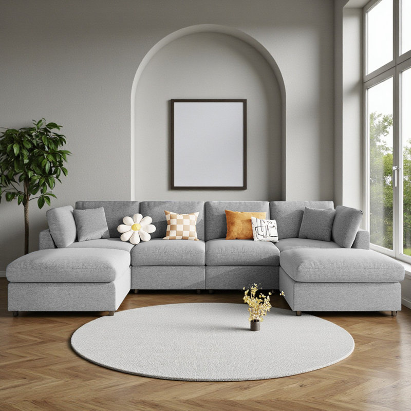 Canapé d'angle moderne Larralde en forme de U, avec 2 poufs amovibles, revêtement en chenille, pour salon, Gris chenille