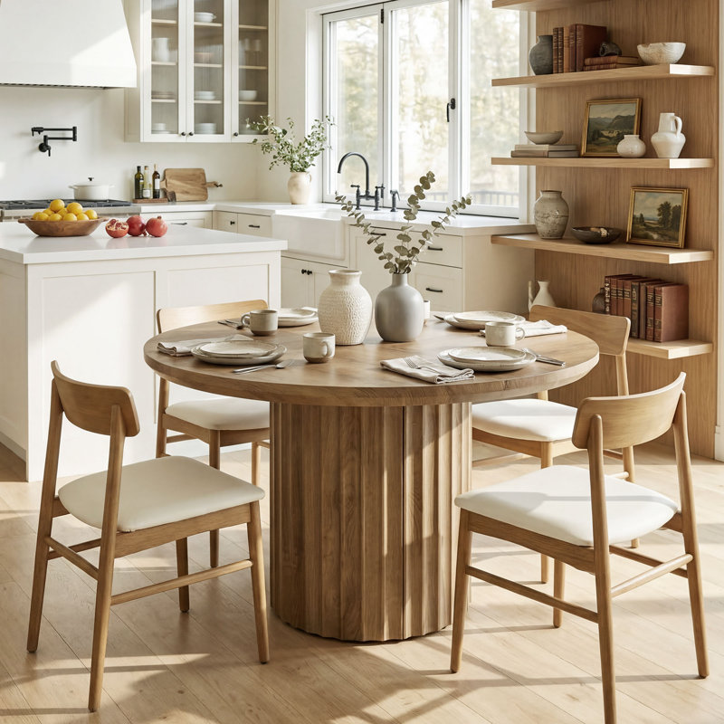 47 Inch Round Dining Table, Modern Farmhouse Kitchen Table with Fluted Pedestal Base