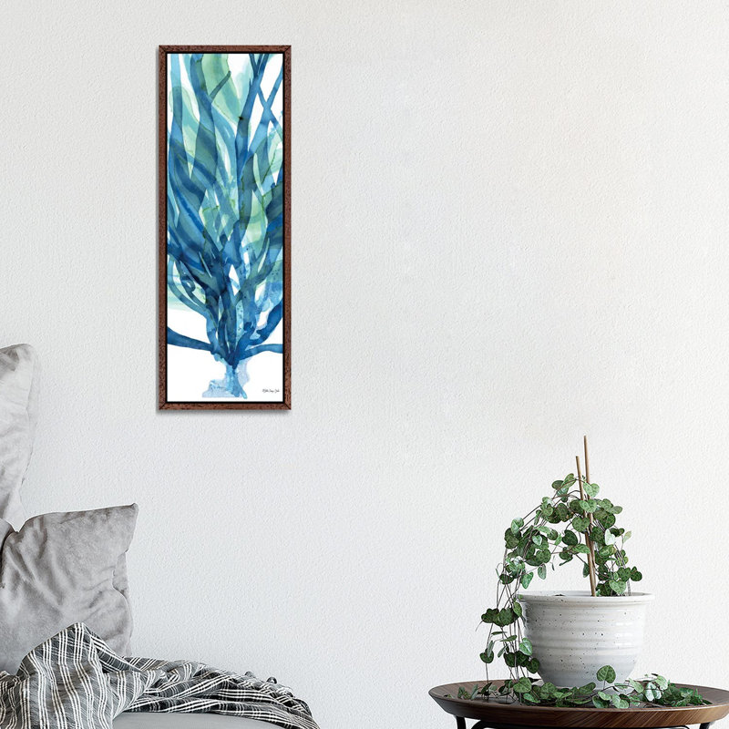 Soft Seagrass In Blue I by Stellar Design Studio - Painting on Canvas, 30.48 cm H x 91.44 cm W, Brown Floater Frame