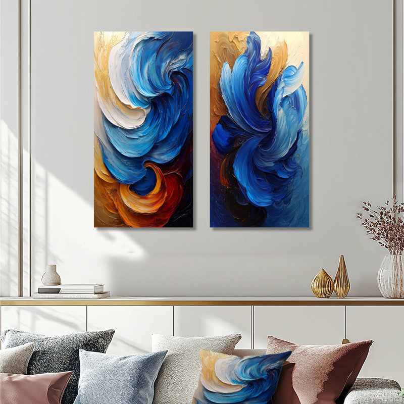 Modern Abstracy Waves Golden Harmony I - Décoration murale abstraite 2 panneaux, H 40 po x l 41 po, Toile tendue