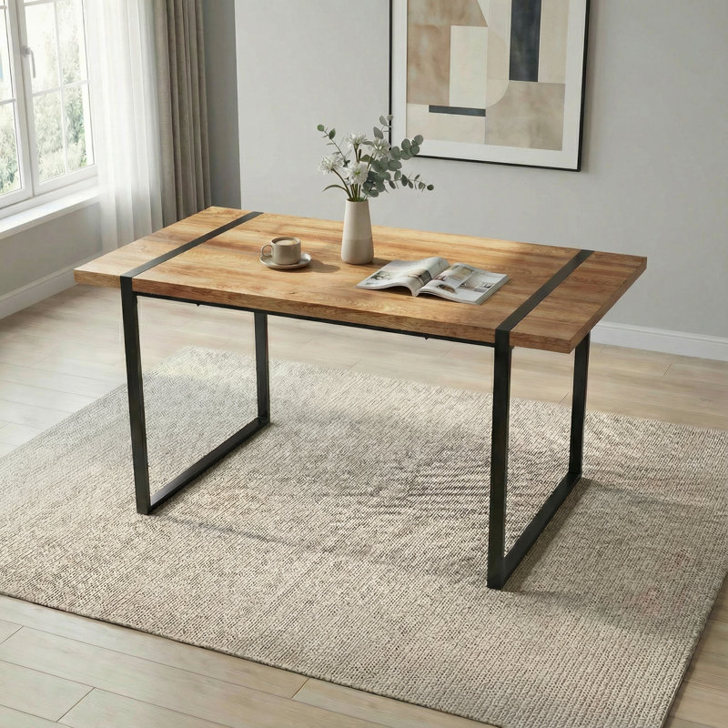 Modern Industrial 59" Rectangular Dining Table With Black Metal Legs And Engineering Wood Top, Light Brown