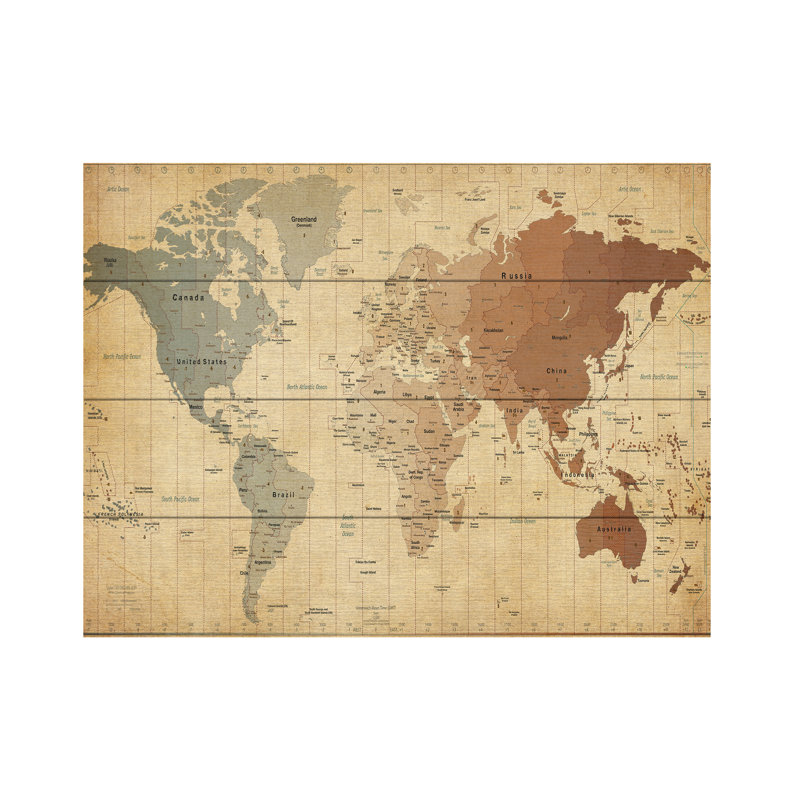«Time Zone Map of the World», impression, Latte en bois, H 12 po x l 16 po x P 0,5 po