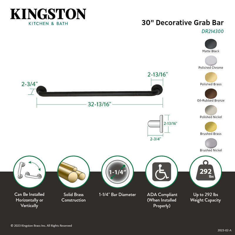 Kingston Brass Milano 1-1/4 Inch O.D Grab Bar, 30" W, Polished Chrome