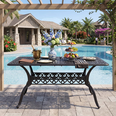 Chierene Outdoor Rectangle Dining Table with 2.1'' Umbrella Hole, Anti-rust Cast Aluminum Frames, Vintage Patterns for Patio, Black with Gold Speckles