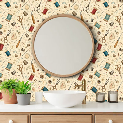 Papier à peler et coller papier contact avec outils de couture rétro Ciseaux à fil beige auto-adhésifs et amovibles 24 po x 118 po (60 x 300 cm)