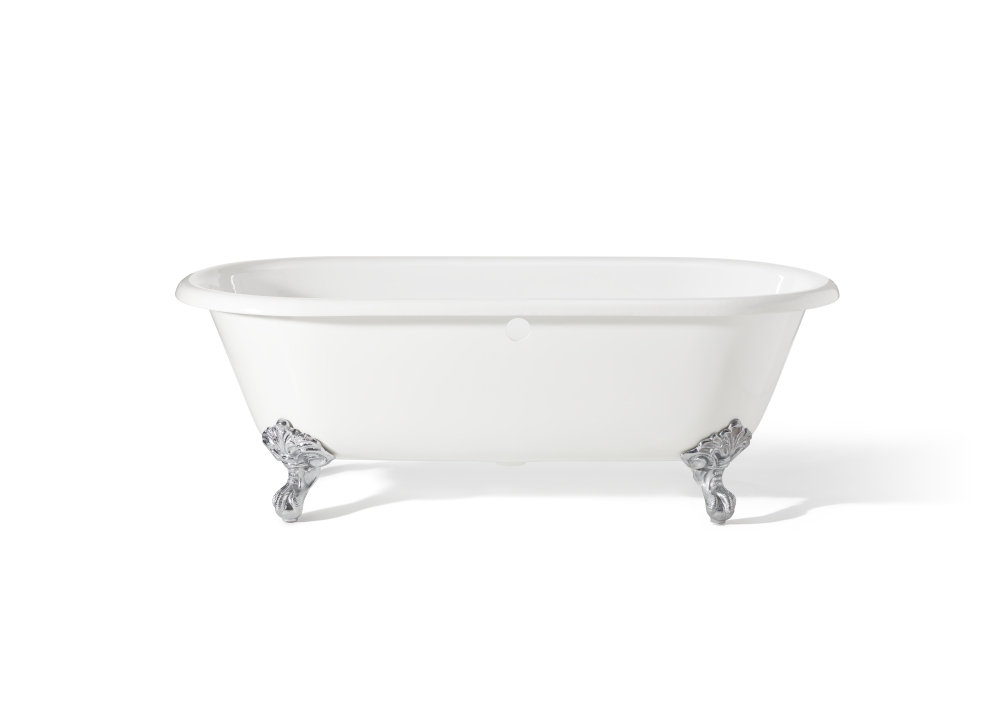 Kristin 70" Clawfoot Cast Iron Bathtub, White, Polished Brass Feet, Flat Area for Faucet Holes - Undrilled