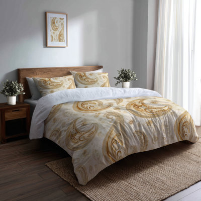 Modern Bedding Set Of 3 - Scandinavian Beige Paisley Floral Duvet Cover And Throw Cushion Set