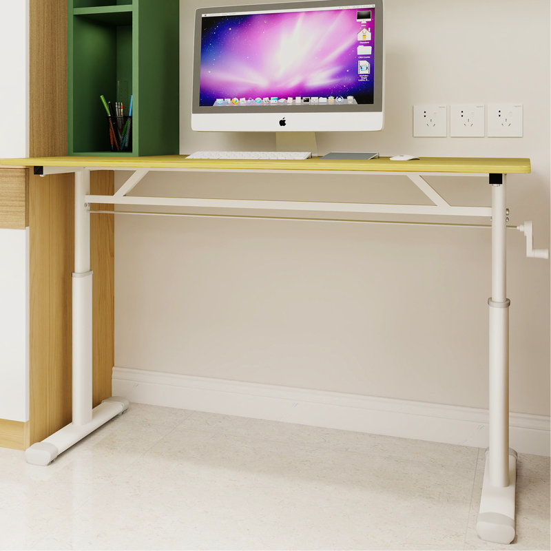 Bureau à hauteur réglable à la main pour et pour adultes, bureau personnel multifonctionnel, conception simple, pieds blancs, bureau de couleur bois, structure à double colonne compacte avec réglage manuel, soutien,