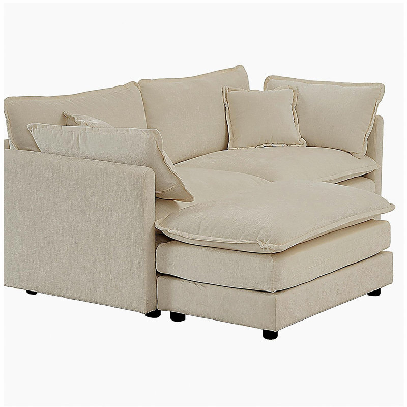 Canapé double en velours avec repose-pieds, canapé double en forme de L avec repose-pieds, causeuse pour petit appartement avec repose-pieds, velours beige