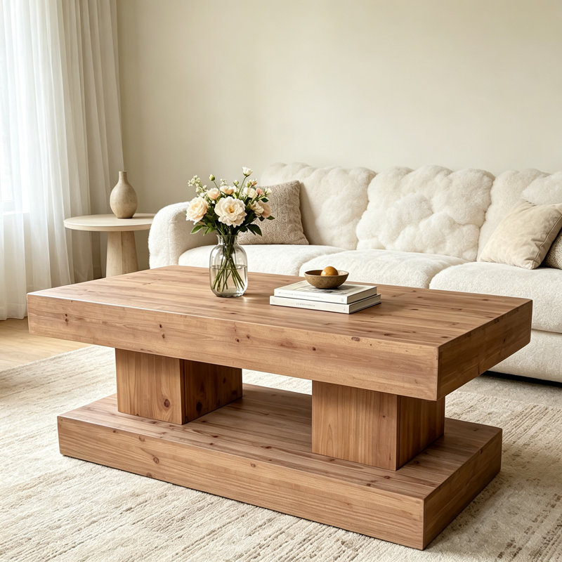 Table basse de 47,24 po en bois massif naturel avec plateau épais et base à double pilier. Style rustique classique et minimaliste, robuste et pratique.