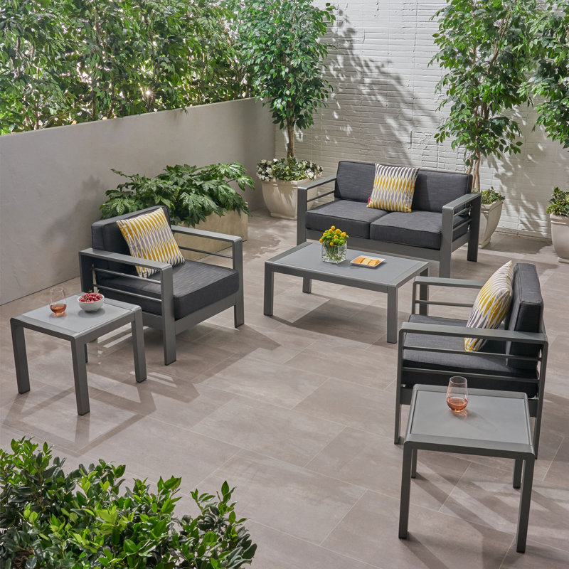 4 - Person Patio Conversation Set with Cushions, Gray Frame / Dark Gray Cushion