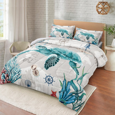 Sea Turtle Comforter Set Queen Size Soft Lightweight Ocean Coastal Bedding Set 4 Pcs Retro Turtle Beach Theme Duvet Set 1 Comforter 2 Pillowcases 1 Cushion Cover