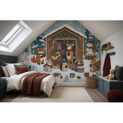 Fresque murale Animaux de la forêt en hiver Forêt musicale Décoration de chalet de Noël