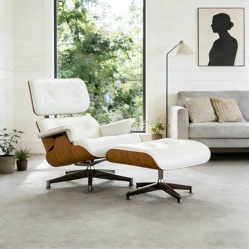 Genuine Leather Upholstered Lounge Chair, White-Naturalwood
