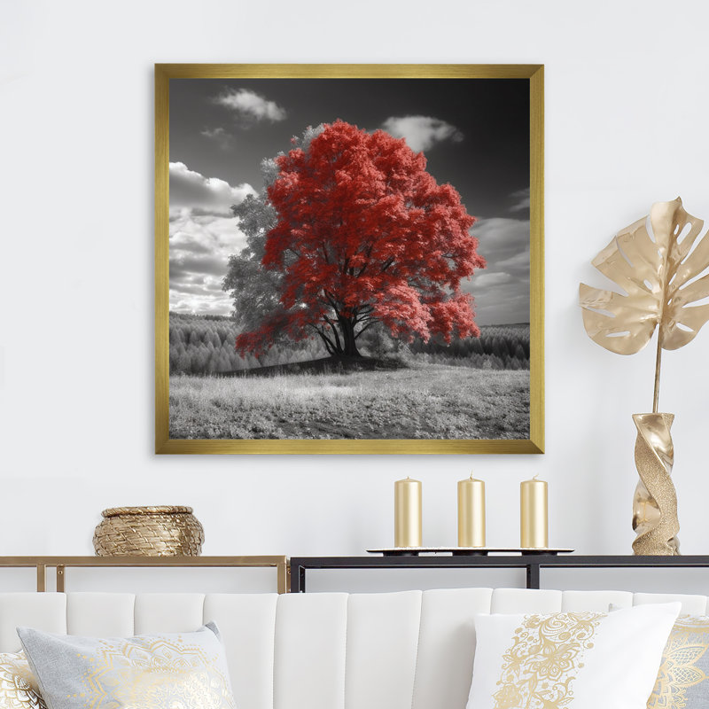 Red Tree Blossom Haven I, reproduction d'art sur toile, H 16 po x l 16 po x P 1 po, Encadrement doré