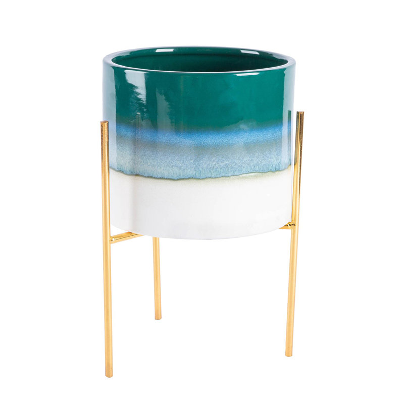 Nicola Spring - Reactive Glaze Plant Pot on Stand - 19cm, Green/Gold