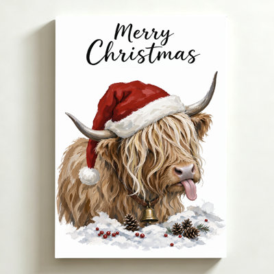 Cheeky Highland Cow Watercolor Christmas Canvas Wall Art, 20" x 30" Gallery Wrapped Canvas Print, Brown & White Playful Holiday Wall Decor for Bedroom, Living Room & Nursery