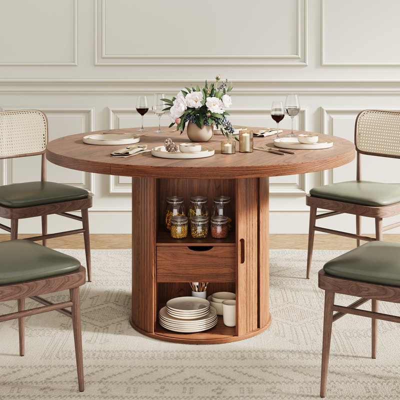 47" Round Dining Table With Stronge Drawer, Walnut