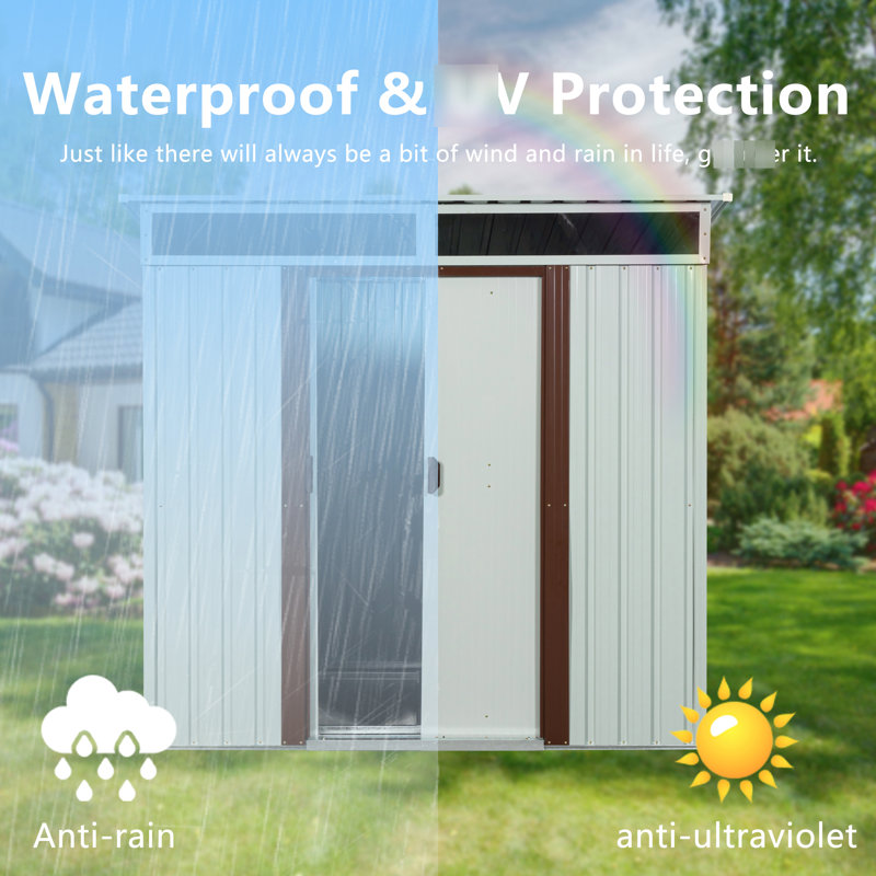6Ft X 5Ft White Outdoor Metal Shed With Foundation, Galvanized Iron Build, Protected Panels, Sliding Door & Padlock, Transparent Endurance Plate, Uncomplicated Assembly - White, Frame Steel Doors