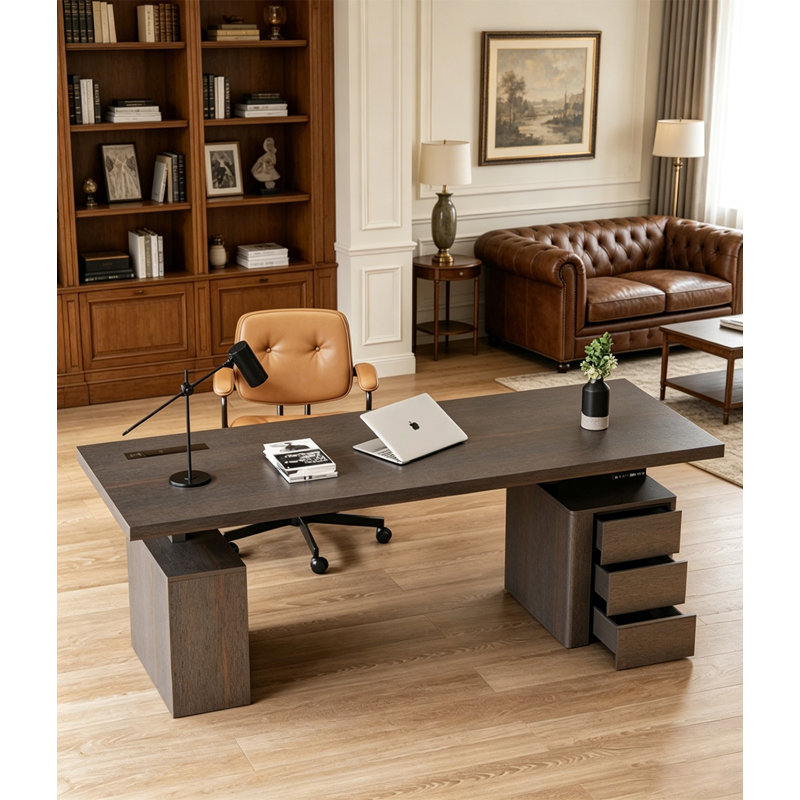 Bureau de direction moderne en bois foncé, bureau avec double caisson de rangement