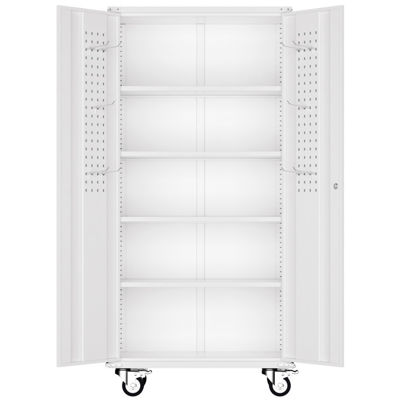 Armoires de rangement en métal avec roues et panneau perforé, armoire à outils roulante avec portes verrouillables et 4 tablettes réglables, blanc (H 72 po x l 32 po x P 16 po)