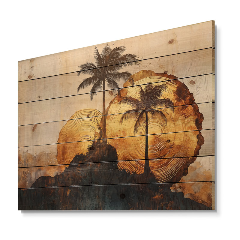 Copper Palms Tree On Wood Landscape II - Palms & Palm Trees Wood Wall Art - On Natural Pine Wood, 10" H x 20" W x 0.78" D