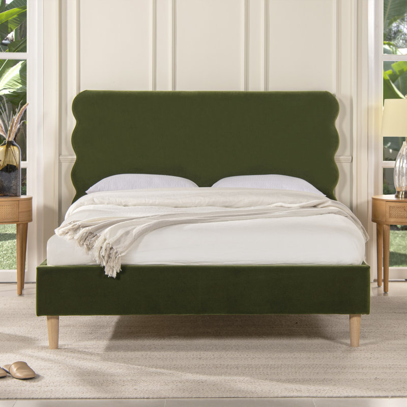 Henley Upholstered Scalloped Bed, Olive Green Velvet, King