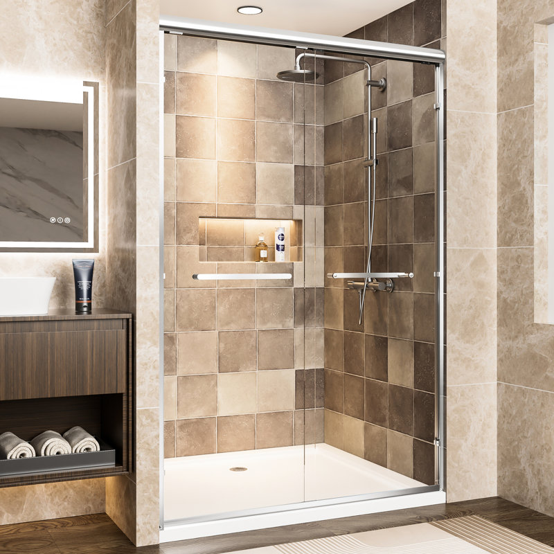 Double Sliding Shower Door Of Aluminum Frame, 48" W X 72" H, 1/4"  6Mm  Tempered Glass With - Proof Film, Adjustable Width And Waterproof For Bathroom In Clear Width, Stainless Steel Handles