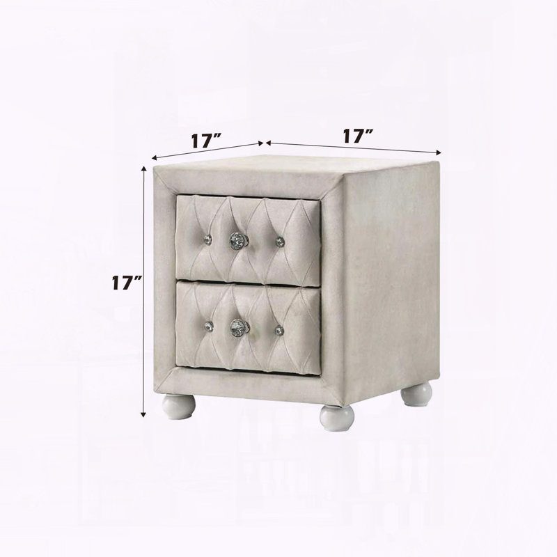 Reggie Beige Fabric Nightstand,2 Storage Drawers,Upholstered, Beige
