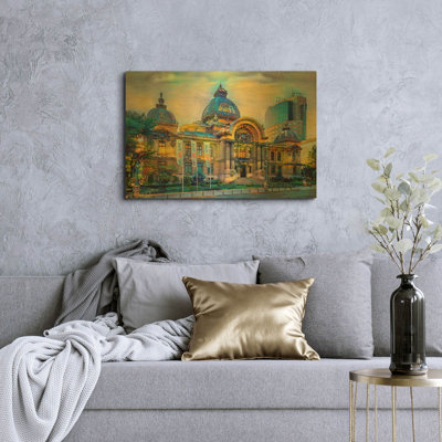 'Bucharest Romania Cec Palace' By Pedro Gavidia Gold Metal Wall Art, 36" x 24"