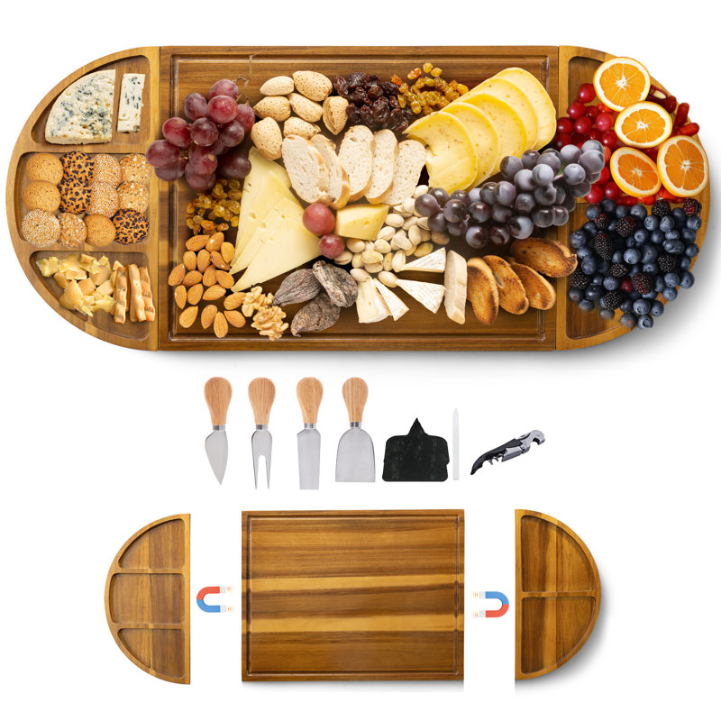 Très grandes planches de charcuterie, ensemble de planches magnétiques longues et rondes en bois d'acacia 30 po x 13 po avec couteaux