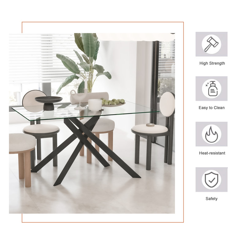 51.18" Rectangular Clear Tempered Glass Dining Table,Stylish Design with Silver Chrome Plated Metal Legs, Dining Table for Dining Room
