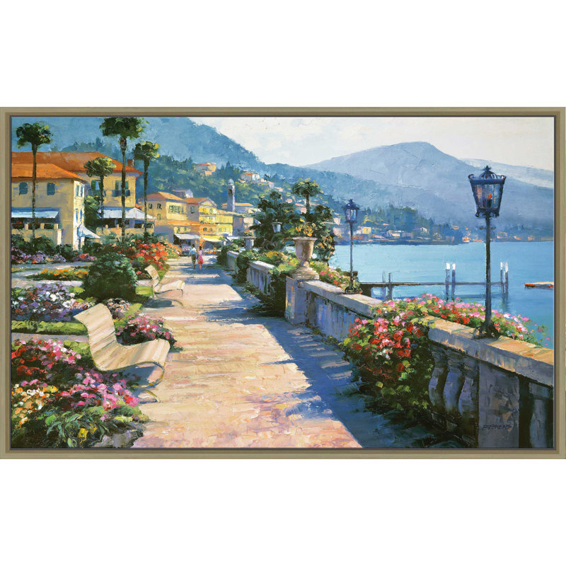 Bellagio Promenade par - Peinture, Reproduction avec cadre flottant, H 21,5 po x l 33,5 po, Champagne