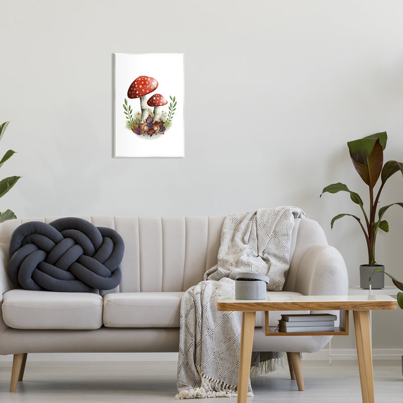 Az-384 - Champignons rouges et glands encadrés, H 19 po x l 13 po x P 0,5 po