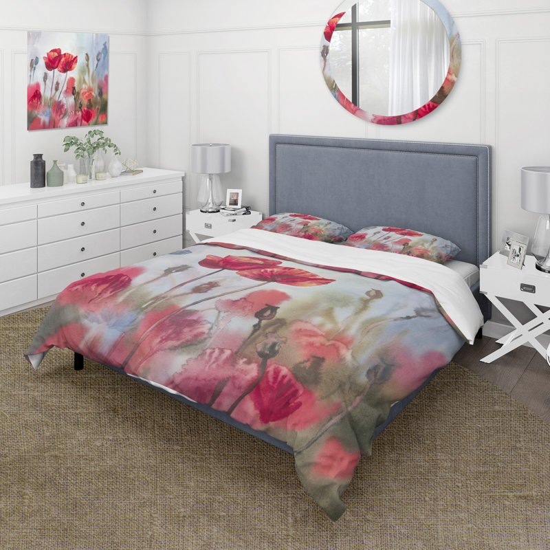 Blossoming Poppies In The Meadow - Ensemble de housse de couette traditionnel - Microfibre de polyester
