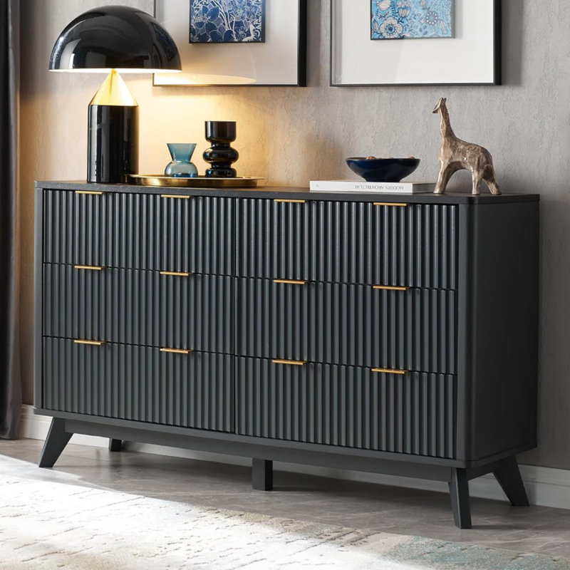 Sladen Fluted Design 6-Drawers Dresser Organizer, Wood Wide Chest of Drawers