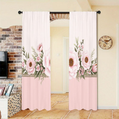 2 pièces rideaux à imprimé floral rose, rideaux bloquant le soleil avec passe-tringle, motif de fleurs, style pastoral, décoration de fenêtre toutes saisons pour le salon, la chambre à coucher et la maison