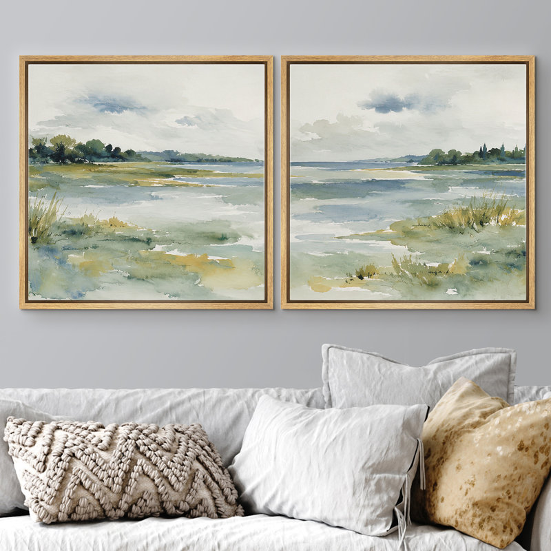 «Soft Coastal Landscape With Calm Water Marsh Grass And Airy Sky», ensemble de 2 reproductions d'art sur toile encadrées
